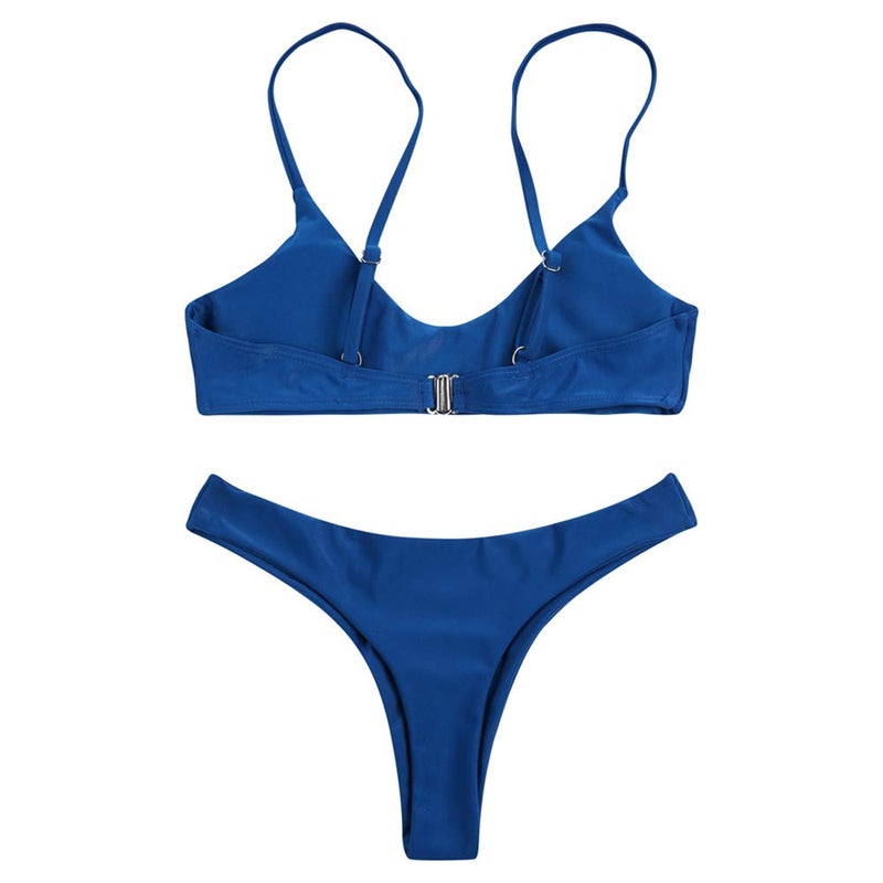 SherryDC Women's Solid Scoop Neck Push up Padded Brazilian Thong Bikini Swimsuit Deep Blue,M - Image 3